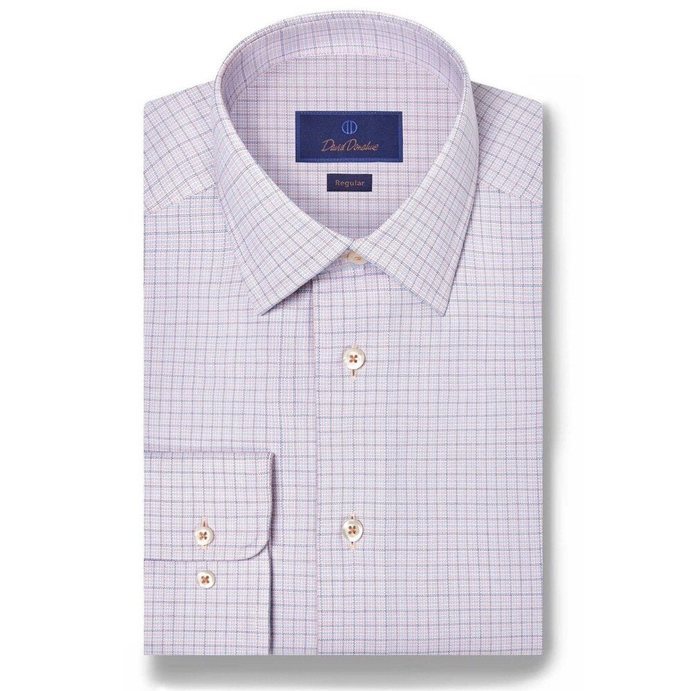 David Donahue White Blue Orange Fine Strip Trim Fit Dress Shirt Sz 17.5 New